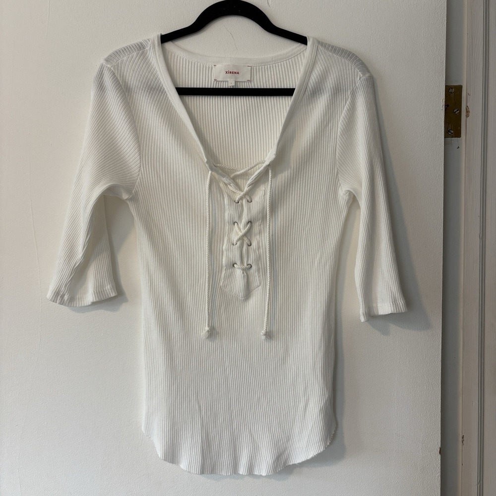 Xirena Top Women's Sz‎ Large White 100% Cotton Ribbed Tie Front Rodeo Cowgirl
